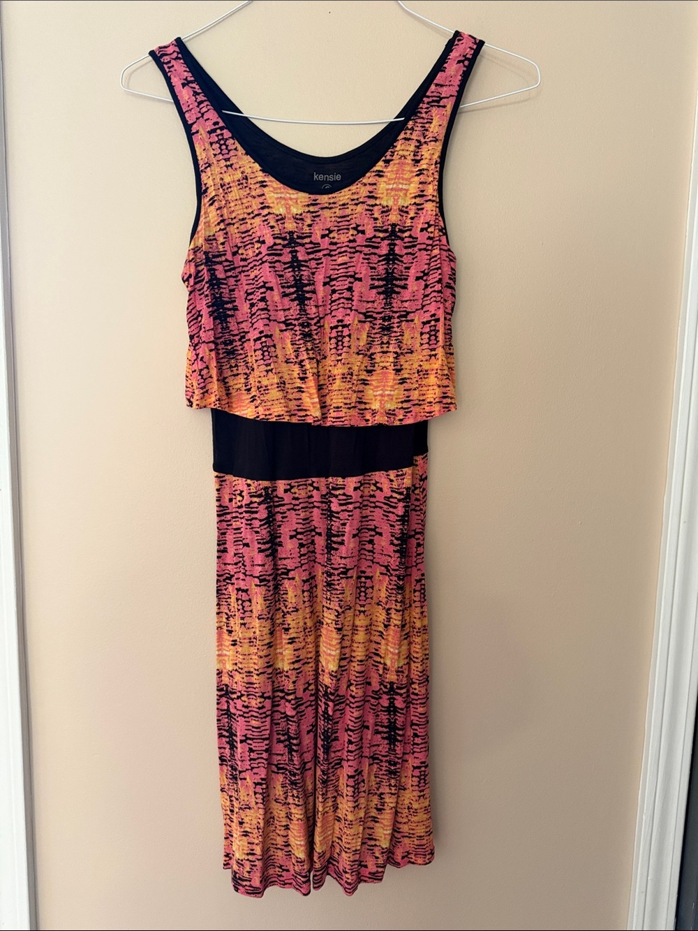 kensie Pink & Orange Printed Tank Maxi Dress with Black Waist Panel